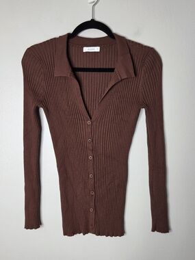 Dissh Ribbed Button-Front Brown Cardigan Sweater